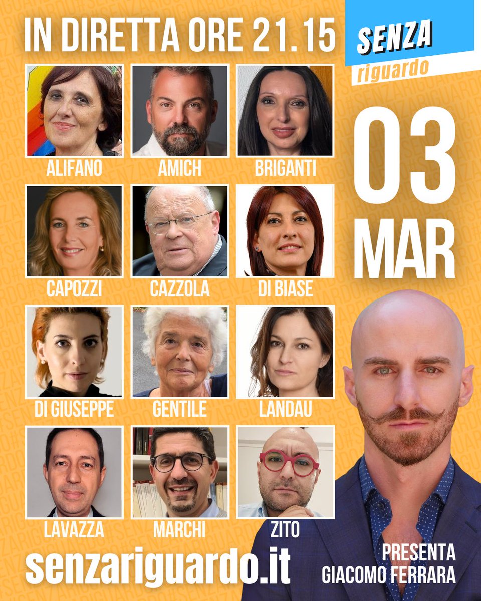 📢 Stasera alle 21.15 su #SenzaRiguardo: libertà d’informazione, #dazi e #riarmo, condanna a Marine #LePen. Live su Twitch, YouTube e Facebook! <a href="/landau_janina/">Janina Landau</a> <a href="/sallisbeth/">Lisa Di Giuseppe</a> <a href="/fiorinacapozzi/">Fiorina Capozzi</a> <a href="/AlifanoEnrica/">Enrica Alifano</a> <a href="/AmichEnzo12079/">Enzo Amich</a>