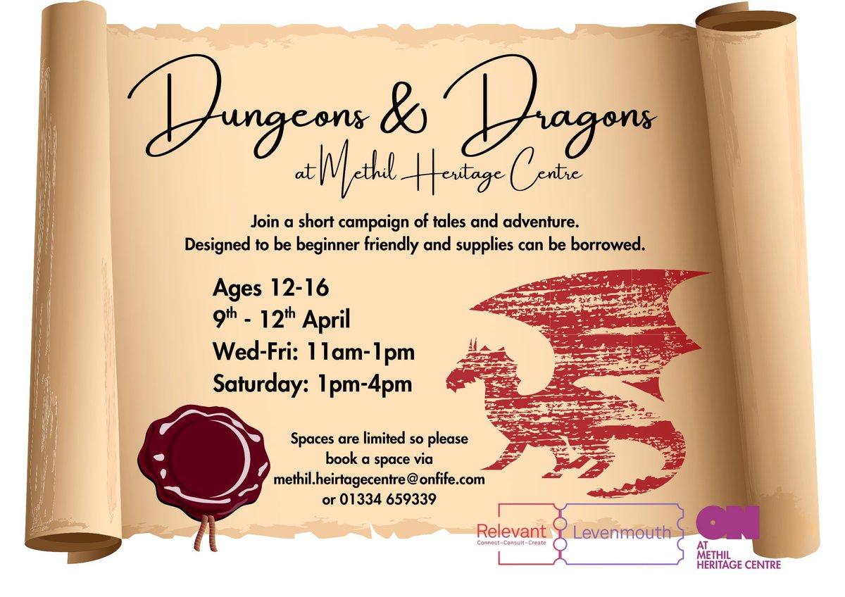 🧙 Methil Heritage Centre are running weekly Dungeons and Dragons sessions at the centre for young people aged 12-16 years old, Starting  9th April, from 11am - 1pm and 1-3pm. 🧝

For more information, see below:
onfife.com/event/dungeons…

#dungeonsanddragons #Community #Activities