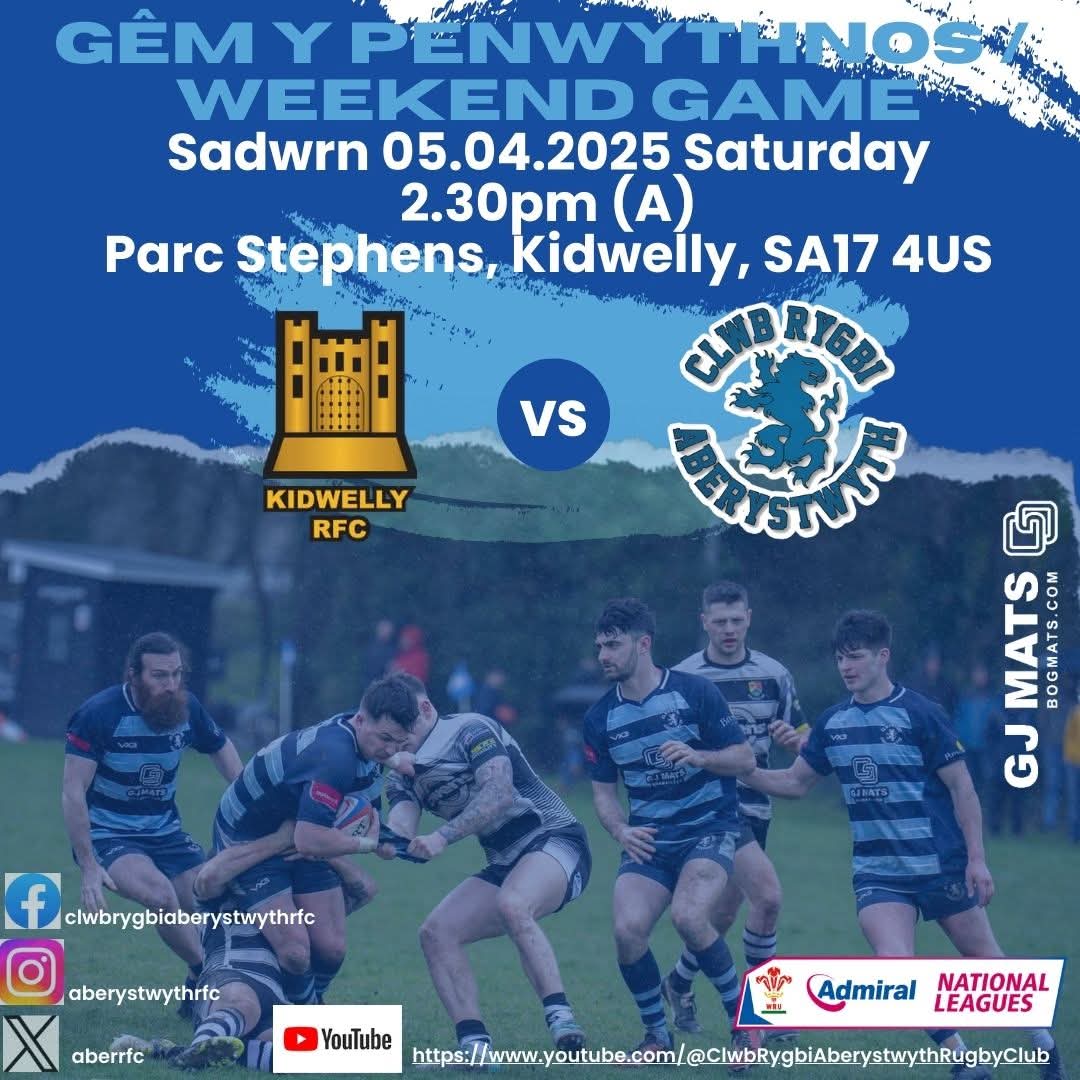 Aberystwyth RFC (@aberrfc) on Twitter photo Y tîm cyntaf yn chwarae oddi gartref yn eu gêm olaf y gynghrair yn erbyn <a href="/kidwellyrfc/">KidwellyRFC_Juniors</a> dydd Sadwrn. CG 2.30pm.
The first XV are playing their last league game, away against <a href="/kidwellyrfc/">KidwellyRFC_Juniors</a> on Saturday.
K.O. 2.30pm The boys really need your support, so come down and support them. Y tîm cyntaf yn chwarae oddi gartref yn eu gêm olaf y gynghrair yn erbyn <a href="/kidwellyrfc/">KidwellyRFC_Juniors</a> dydd Sadwrn. CG 2.30pm.
The first XV are playing their last league game, away against <a href="/kidwellyrfc/">KidwellyRFC_Juniors</a> on Saturday.
K.O. 2.30pm The boys really need your support, so come down and support them.