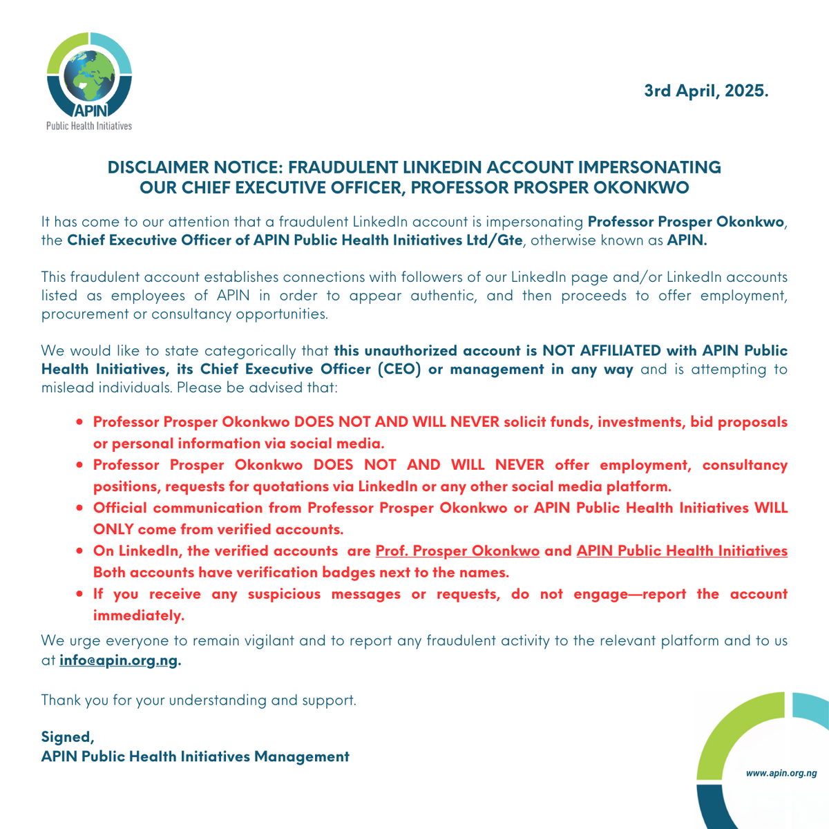 ⚠️ IMPORTANT INFORMATION ‼️ 

🚨SCAM ALERT🚨 

We have been notified of a fraudulent LinkedIn account impersonating our Chief Executive Officer, Professor Prosper Okonkwo (also known as Dr. Prosper Okonkwo).

Please beware—Professor Prosper Okonkwo HAS NEVER, DOES NOT AND WILL