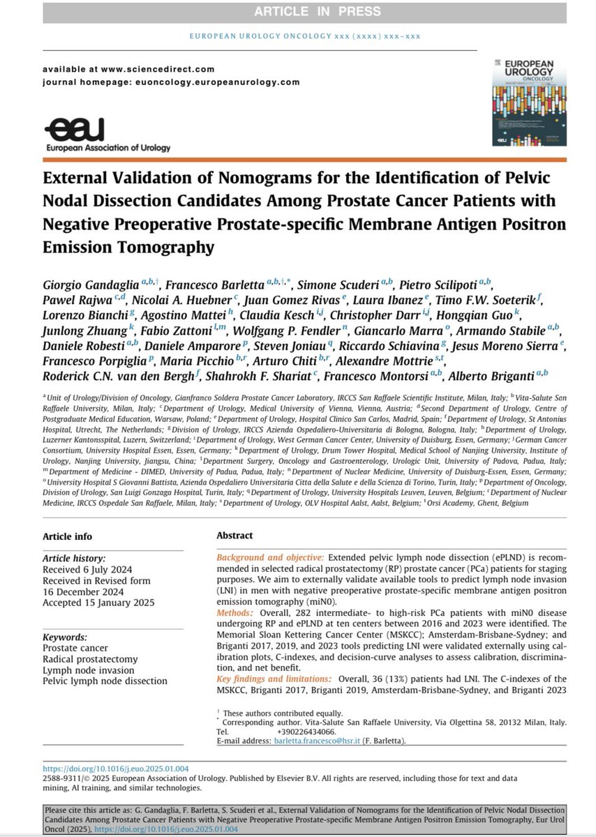 Juan GĂłmez Rivas (@jgomezrivas) on Twitter photo Smarter staging in prostate cancer?
🙋🏼‍♂️🙋🏻‍♂️🙋🏾‍♂️In patients with intermediate/high-risk prostate cancer and negative PSMA PET (miN0), extended pelvic lymph node dissection (ePLND) remains a clinical dilemma.
🔍 This multi-institutional study (n = 282) externally validated five Smarter staging in prostate cancer?
🙋🏼‍♂️🙋🏻‍♂️🙋🏾‍♂️In patients with intermediate/high-risk prostate cancer and negative PSMA PET (miN0), extended pelvic lymph node dissection (ePLND) remains a clinical dilemma.
🔍 This multi-institutional study (n = 282) externally validated five