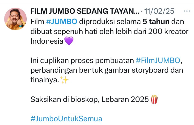 proquestfilm's tweet image. Bayangin 5 tahun berproses membuat sebuah karya JUMBO dengan melibatkan ratusan orang dan biaya yang tidak sedikit dan akhirnya maha karya animasi @Adriandhy terwujud di #FilmLebaran . Hargai, Nikmati filmnya. Review dengan bijak dan sebarkan 🎬