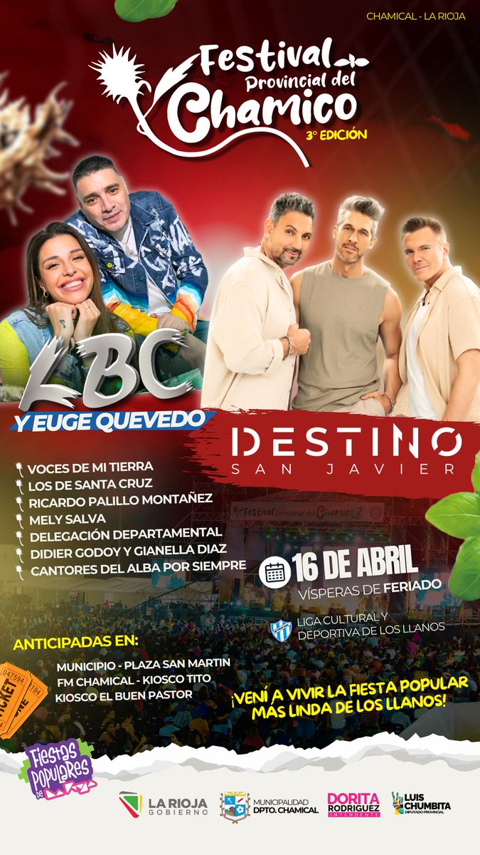 🎶🔥 ¡Vuelve el Festival del Chamico! Este 16/4, víspera de feriado, Chamical vibra con Destino San Javier, <a href="/eugequevedook/">Eugenia Quevedo</a>  y #LaBandadeCarlitos 🎤💃 ¡Entradas anticipadas ya a la venta! ¡No te lo pierdas! 🎟️ #Chamico2025 #Chamical #EugeQuvedo