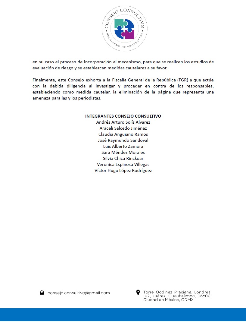 #COMUNICADO 📢El Consejo Consultivo del <a href="/Mecanismo_MX/">Mecanismo de Protección Federal</a> condena la difusión de un listado de periodistas en Chiapas por grupos delincuenciales || <a href="/Claudiashein/">Claudia Sheinbaum Pardo</a> <a href="/ramirezlalo_/">Eduardo Ramírez</a> <a href="/FGRMexico/">FGR México</a>