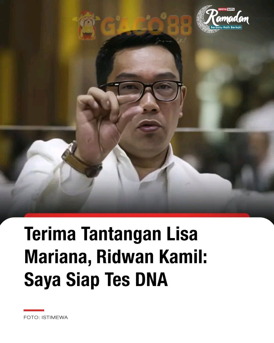 viral0com's tweet photo. Ridwan Kamil akhirnya merespons tantangan selebgram Lisa Mariana untuk melakukan tes DNA guna membuktikan klaim bahwa anaknya adalah hasil hubungan dengannya. Mantan Gubernur Jawa Barat itu menyatakan kesiapannya menjalani tes DNA sesuai prosedur hukum yang berlaku di Indonesia. https://t.co/wO31guIlaj