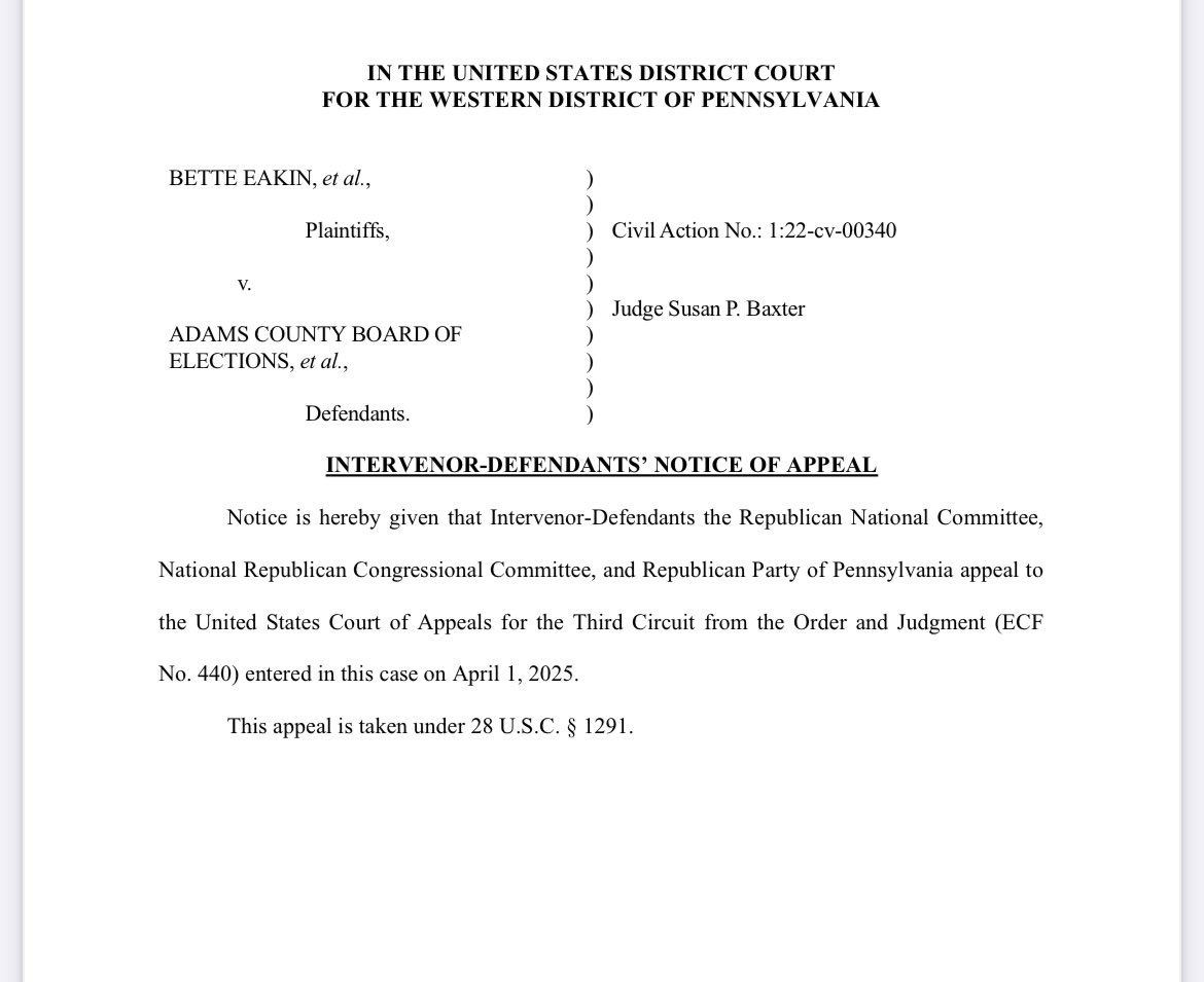 The RNC, NRCC, and PA GOP have appealed this decision to the 3rd Circuit.