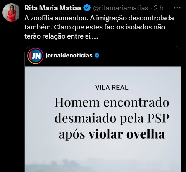 Esta gente é mesmo doente.
Um pastor em Trás os Montes viola uma ovelha e esta gente insinua que a culpa é da imigração??!
Como é que há jovens que se deixam levar por isto? Como?