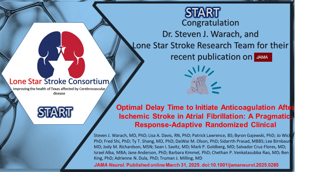 #DaiWaiOlson #UTSWNeurology #neuronurses #neuroscience #neurotwitter #MedTwitterGreat #stroke #Ischemicstroke #Afib Congratulation 
Dr. Steven J. Warach, and Lone Star Stroke Research Team for their recent publication on JAMA! Click the link to read   
jamanetwork.com/journals/jaman…