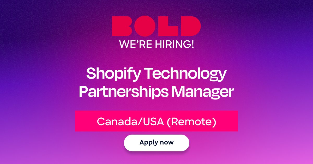 Calling all Shopify partnership pros! 🙇 We're hiring a Shopify Technology Partnerships Manager to drive Bold's growth within the Shopify ecosystem.

If you have 5+ years of experience in tech partnerships, we want to meet you!

Apply now 👉 boldcommerce.bamboohr.com/careers/166