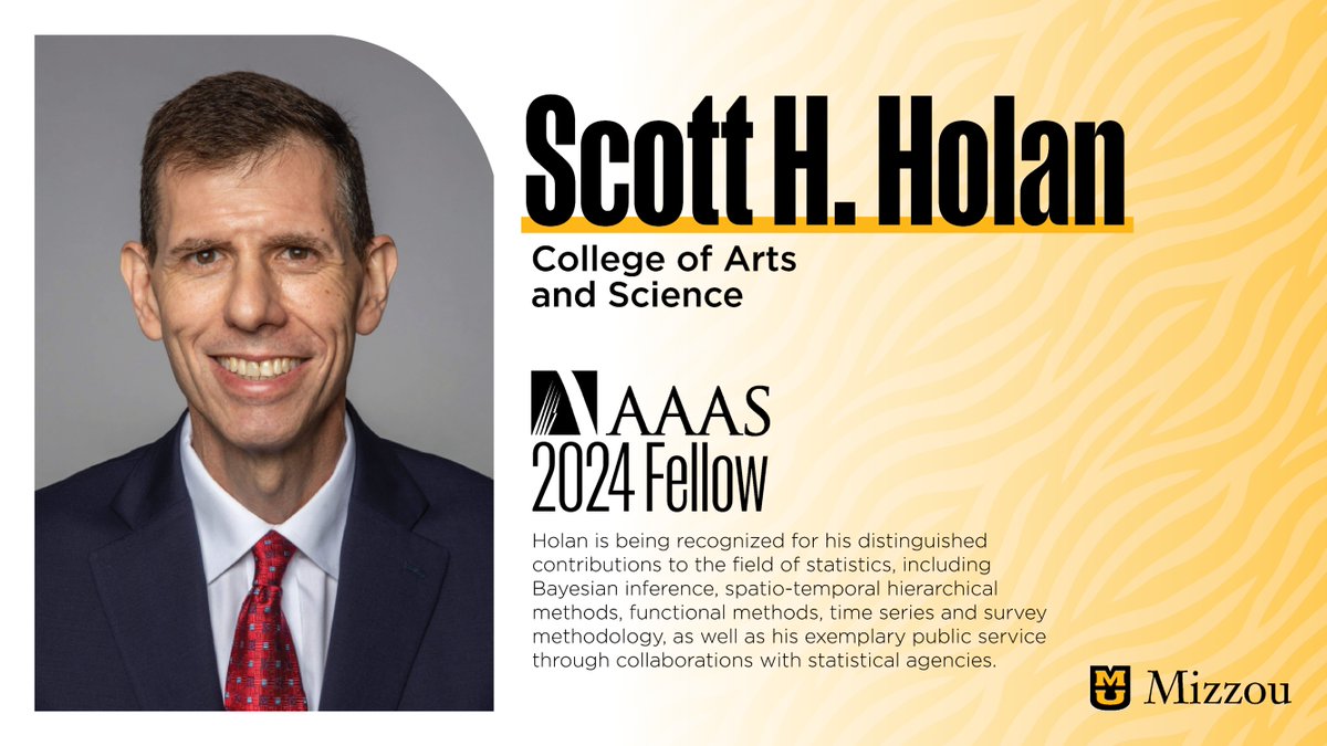 Mizzou (@mizzou) on Twitter photo Congratulations to @AAAS fellow Scott H. Holan from <a href="/MizzouAandS/">Mizzou College of Arts & Science</a>. Scott is recognized for his distinguished contributions to the field of statistics.
Learn more about Scott and #Mizzou's 2024 class of AAAS fellows ➡️ brnw.ch/21wRLzO Congratulations to @AAAS fellow Scott H. Holan from <a href="/MizzouAandS/">Mizzou College of Arts & Science</a>. Scott is recognized for his distinguished contributions to the field of statistics.
Learn more about Scott and #Mizzou's 2024 class of AAAS fellows ➡️ brnw.ch/21wRLzO