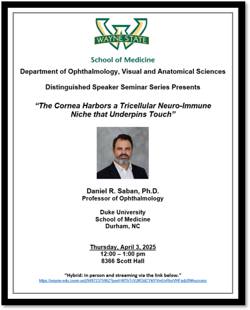Wayne OVAS/Kresge Eye Institute/Wayne Health (@waynestateovas) on Twitter photo We’re thrilled to welcome <a href="/SabanLab/">Danny Saban</a> from <a href="/dukeeyecenter/">Duke Eye Center</a> for today's seminar exploring the neuro-immune axis in ocular surface health and disease. He will dive into how the cornea’s unique cellular environment shapes sensation and immune response. Don’t miss this opportunity .. We’re thrilled to welcome <a href="/SabanLab/">Danny Saban</a> from <a href="/dukeeyecenter/">Duke Eye Center</a> for today's seminar exploring the neuro-immune axis in ocular surface health and disease. He will dive into how the cornea’s unique cellular environment shapes sensation and immune response. Don’t miss this opportunity ..