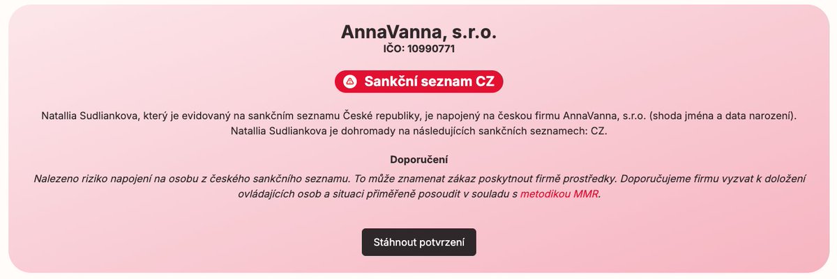 Ani ne 24 hodin uběhlo od zápisu dvou ruských agentů na český sankční seznam. Zabrali jsme a služba sankce.datlab.eu už zobrazuje pět nových varování. Zčervenala i AnnaVanna, s.r.o., kde je skutečnou majitelkou sankcionovaná Natallia Sudliankova. datlab.eu/blog/sankce-ry…