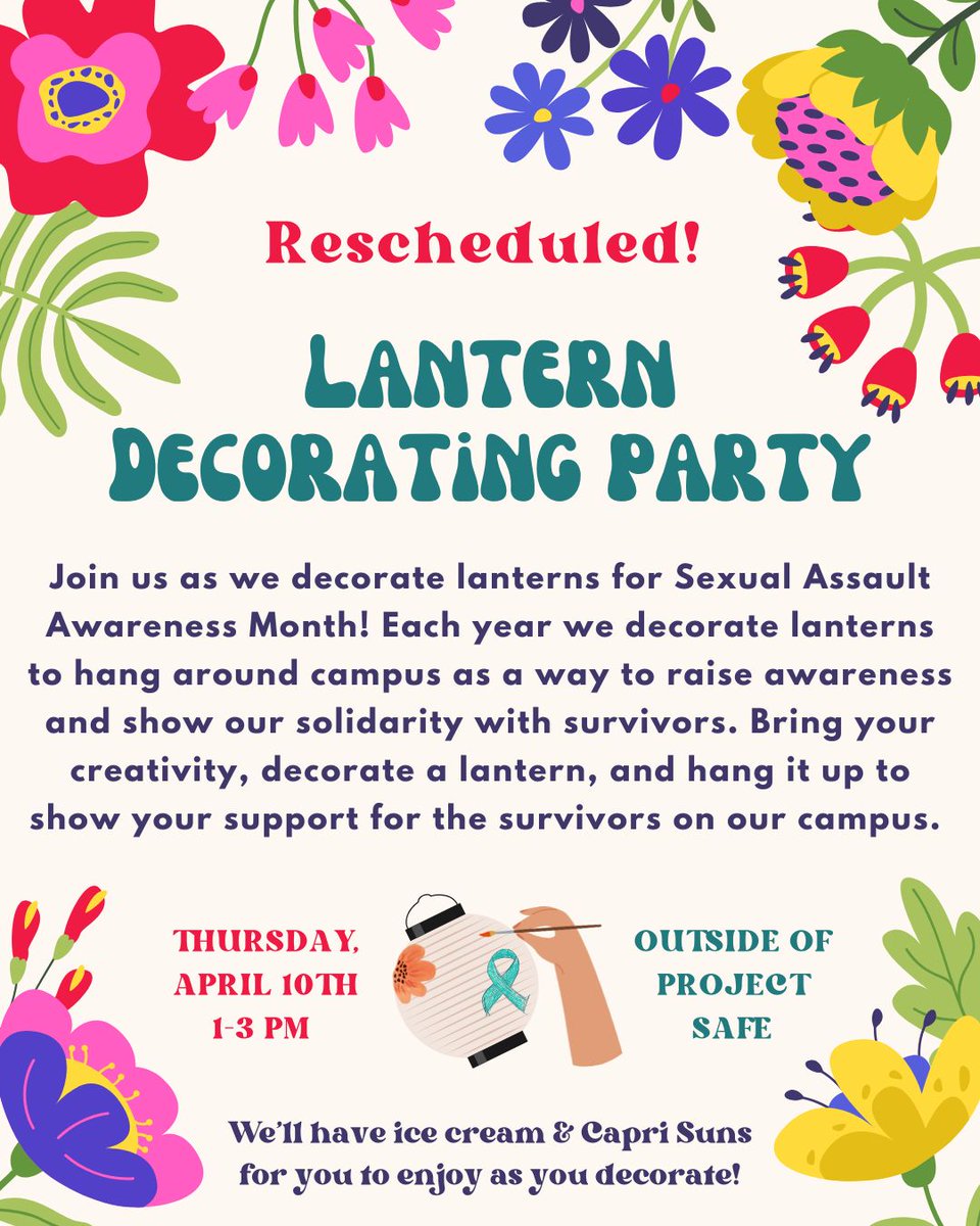 VUProjectSafe's tweet image. RESCHEDULED FOR APRIL 10TH, 1-3PM

Due to the flash flood warnings, we will be rescheduling our Lantern Decorating Party! Join us next week for lanterns, Capri Suns, and ice cream 😊

Stay safe everyone!