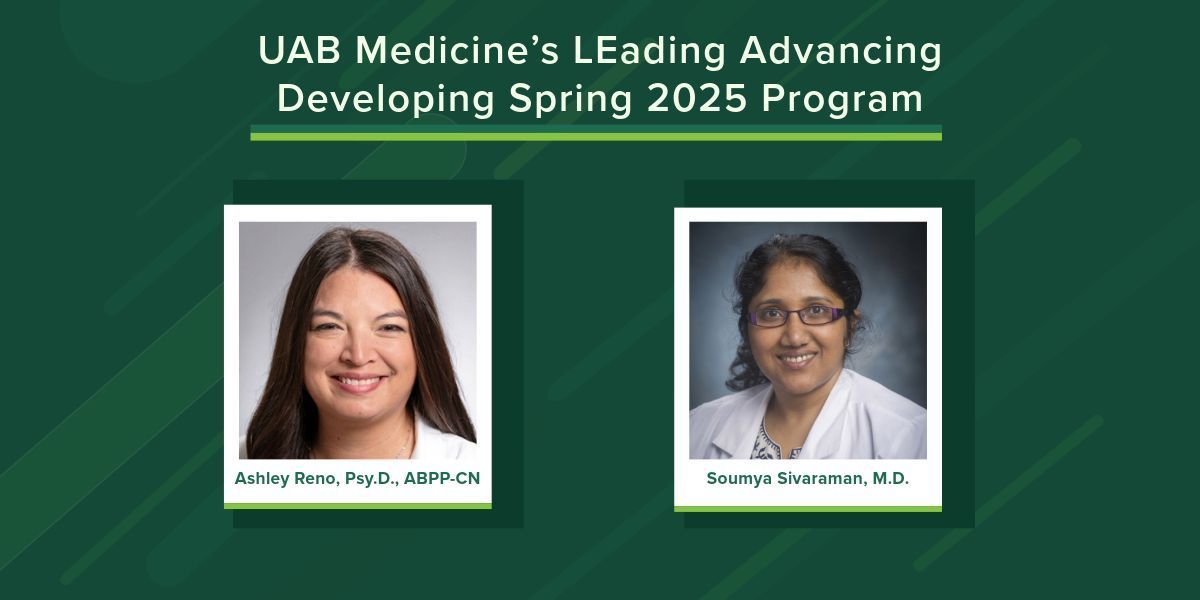 UAB Psychiatry (@uabpsychiatry) on Twitter photo Ashley Reno, Psy.D., ABPP-CN, and Soumya Sivaraman, M.D., recently graduated from <a href="/uabmedicine/">UAB Medicine</a>'s LEading Advancing Developing spring 2025 program. buff.ly/bCfrtZ0 @UABHeerink Ashley Reno, Psy.D., ABPP-CN, and Soumya Sivaraman, M.D., recently graduated from <a href="/uabmedicine/">UAB Medicine</a>'s LEading Advancing Developing spring 2025 program. buff.ly/bCfrtZ0 @UABHeerink