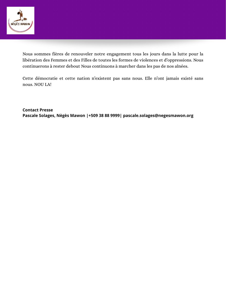 Communiqué de presse dans le cadre de la Journée Nationale du Mouvement des Femmes Haïtiennes 

À l’occasion de la Journée Nationale du Mouvement des Femmes Haïtiennes, nous saluons l’engagement