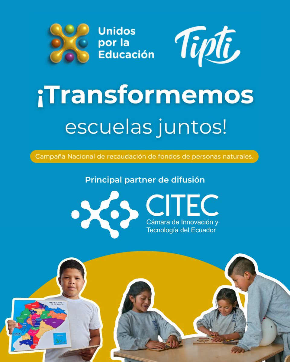 📢 ¡Innovación y educación van de la mano! En CITEC apoyamos la iniciativa de nuestro socio <a href="/TiptiMarket/">Tipti</a>  y <a href="/UxEong/">Unidos por la Educación</a> para mejorar escuelas públicas en Ecuador. 🎒📚
Tu donación impactará a miles de niños en Quito y Cuenca. 💛🧡
📲 Dona con <a href="/TiptiMarket/">Tipti</a>  y sé parte del cambio.