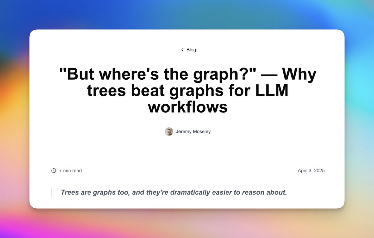 Representing agents and LLM workflows as trees rather than graphs is most important design decision we made with <a href="/gensx_inc/">GenSX</a> 

Today's blog explains why. All of the power and expressiveness, but vastly simpler to reason about.