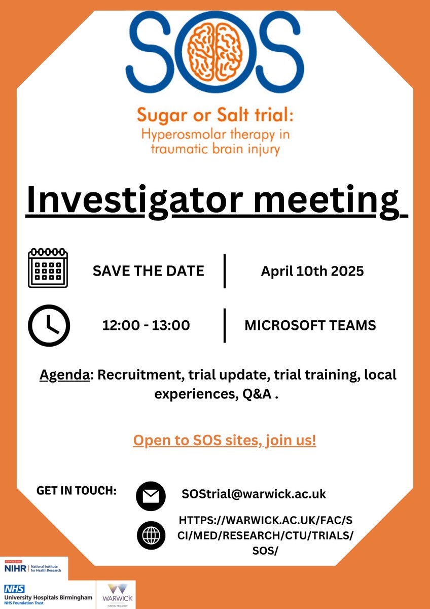 📢This is just a gentle reminder that the SOS investigator meeting is in a week! We invite our recruiting sites to join for trial updates and a chance to raise any queries. We hope to see you there! 🧠