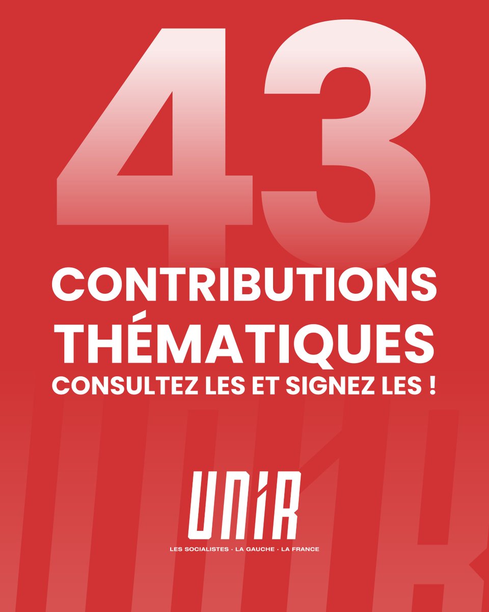 Unir, c’est replacer les militantes et militants au cœur du projet socialiste.

Signe de cette volonté partagée, un nombre inédit de contributions thématiques ont été préparées par des élu-es, militant-es et expert-es.

Consultez-les et signez-les ici 🌹⤵️
unirlessocialistes.fr/contributionst…