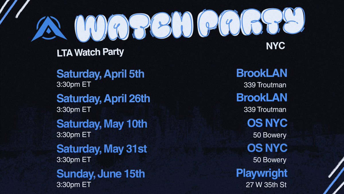 NYC #LTANorth Watch Parties are back for Split 2!

As always, events are completely free to attend! We just ask that you support the venues hosting us through food and drinks! 

Tell your friends and come watch League in it's best way possible: at a bar with friends!