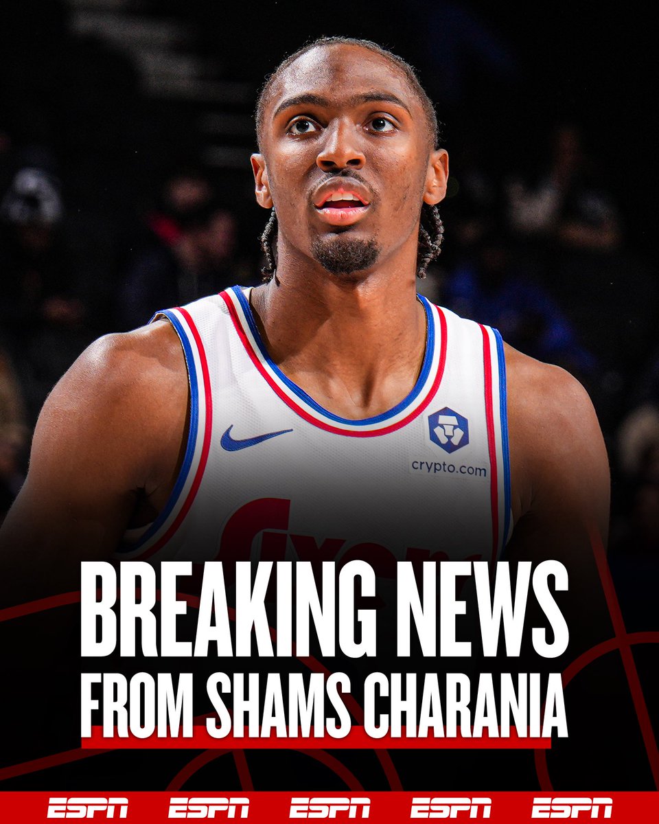 ShamsCharania's tweet photo. Philadelphia 76ers star Tyrese Maxey is expected to be ruled out for the rest of the season with a finger tendon injury, sources tell ESPN. Maxey has been sidelined since March 3 and has attempted to rehab the finger, but still is dealing with discomfort and needs treatment. https://t.co/RXaaD0RXRU