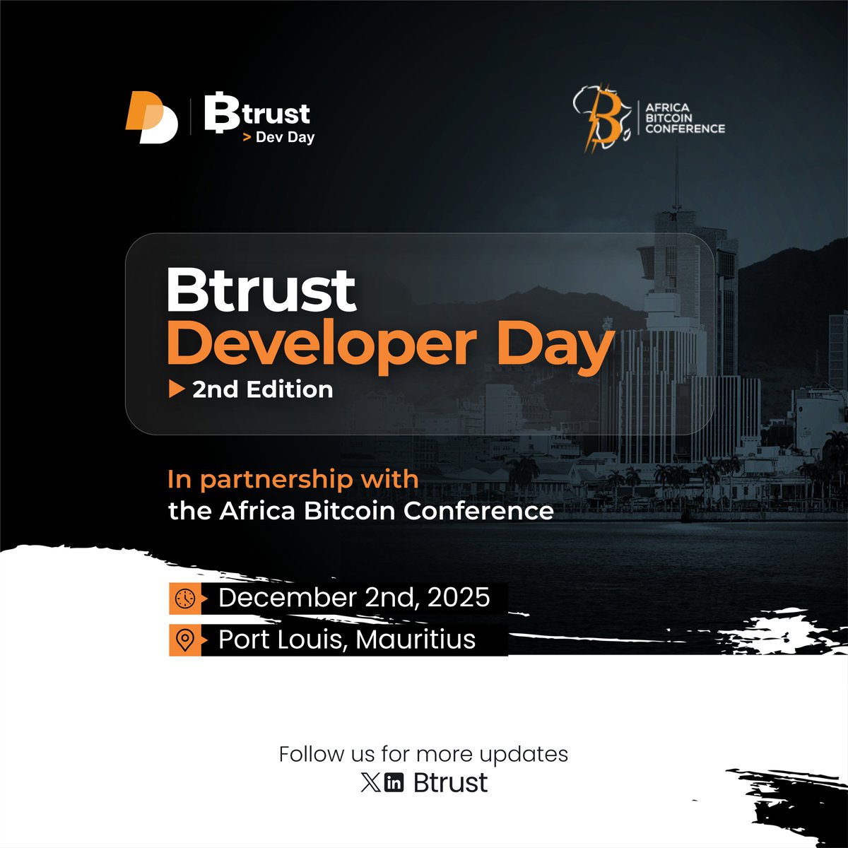 btrustteam's tweet photo. It’s official! The Btrust Developer Day is back 🎉

We’re heading to Port Louis, Mauritius 🇲🇺 for the second edition, in partnership with @AfroBitcoinOrg

📅 Save the date: December 2nd, 2025

Stay tuned for speaker calls, registration details &amp; more.

#ABC25 #BtrustDeveloperDay https://t.co/wp8NTIeVKQ