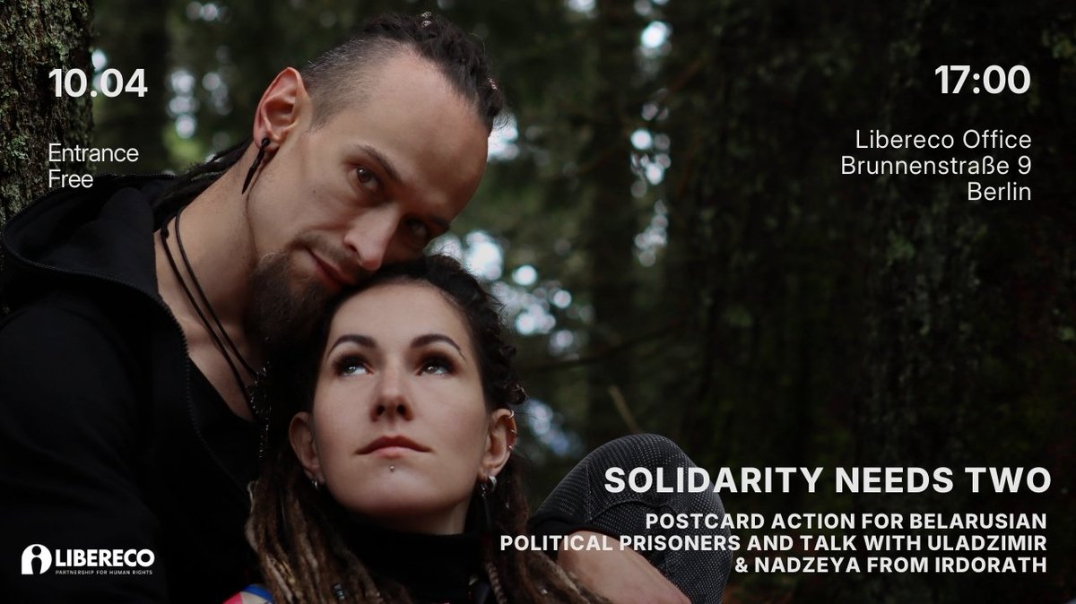 Join us in solidarity with Belarusian political prisoners! Hear from musicians &amp; former prisoners Nadzeya &amp; Uladzimir, and write letters to imprisoned couples.

📅 April 10, 17:00
📍 Libereco Office, Berlin

✍️ We provide materials &amp; translation. Kids welcome!
#WeStandByYou