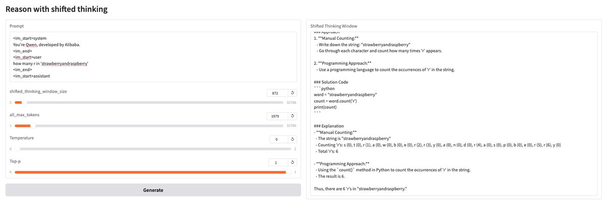 Shifted Thinking is interesting! 
Z1 can perform simple or complex reasoning on different problems (No extra prompt is provided).
Checkout our repo: github.com/efficientscali…