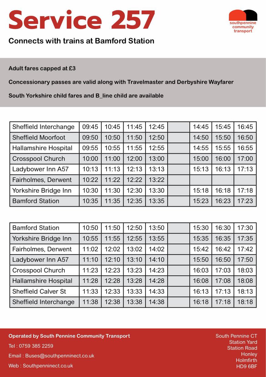 Every Sunday during British Summer Time (BST), service 257 is operating between Sheffield - Bamford. Concessionary passes are welcome along with TravelMaster and Derbyshire Wayfarer, with a full range of tickets available to buy on board. Adult fares are capped at £3.