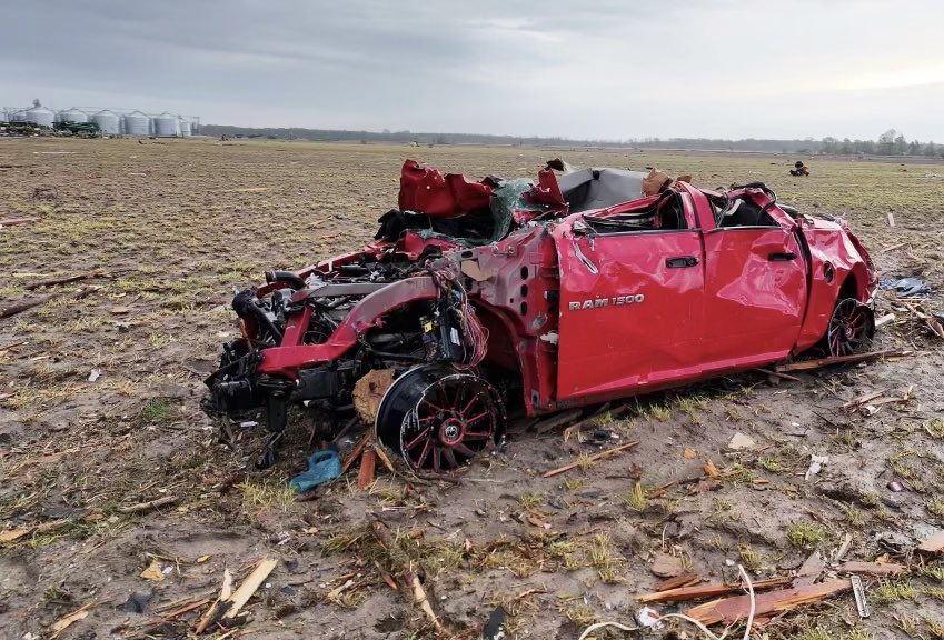 sonofnabb's tweet image. What is left of a pickup truck in Lake City Arkansas tornado. Tossed hundreds of feet, tires sucked off the rims.