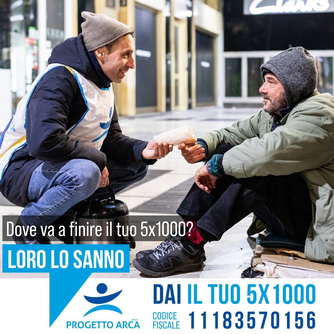 Il tuo #5x1000 a Progetto Arca è aiuto concreto ogni giorno per migliaia di persone povere, #LoroLoSanno. Firma e scrivi il nostro codice fiscale 11183570156 nella tua dichiarazione dei redditi. Non costa nulla e ha un valore immenso. Scopri di più: 5x1000.progettoarca.org