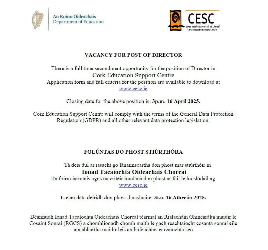 ESCI (@escitweets) on Twitter photo There is a full time secondment opportunity for the position of Director in Cork Education Support Centre
Application form and full criteria for the position are available to download at cesc.ie/recruitment.ht…
<a href="/cork_cesc/">Cork Education Support Centre</a> There is a full time secondment opportunity for the position of Director in Cork Education Support Centre
Application form and full criteria for the position are available to download at cesc.ie/recruitment.ht…
<a href="/cork_cesc/">Cork Education Support Centre</a>