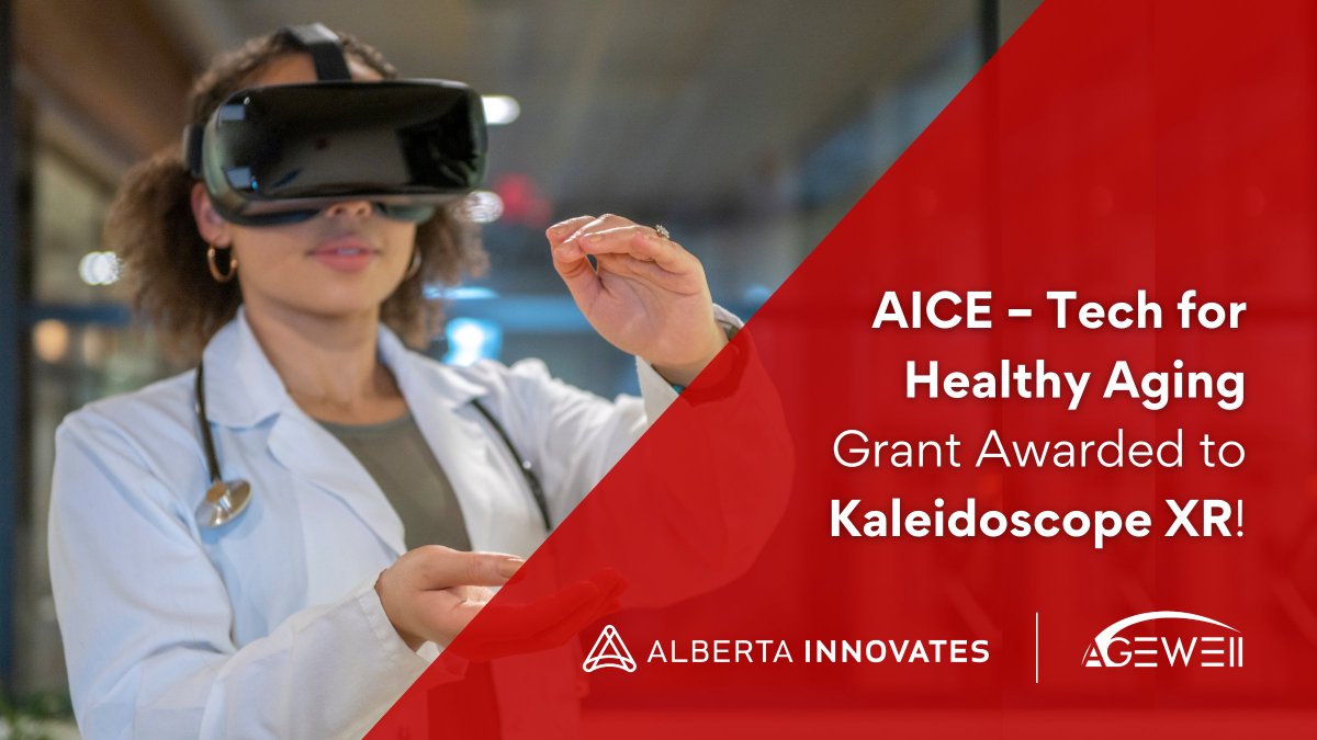 Congrats to Kaleidoscope XR on receiving $300K from AICE – Tech for Healthy Aging, powered by Alberta Innovates &amp; AGE-WELL! Their AI-based education program will offer an innovative training solution for professionals caring for people living w/ dementia. shorturl.at/j4Frh