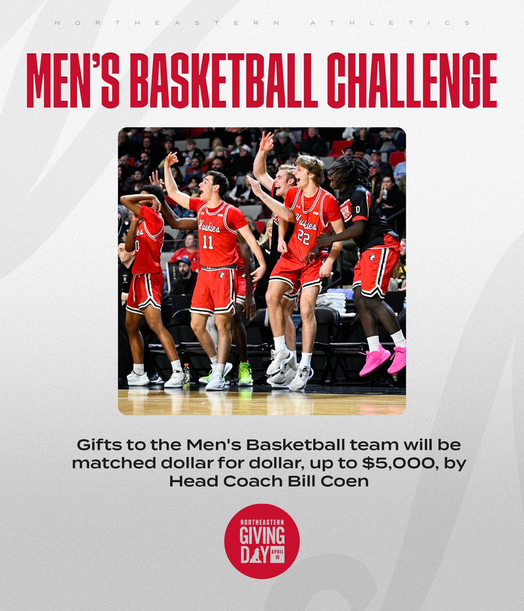 Giving Day is next Thursday, April 10!

When you donate to Northeastern Men’s Basketball, you're making an investment in our student-athletes and the future of our program.

🎁 tinyurl.com/ypkq2m46