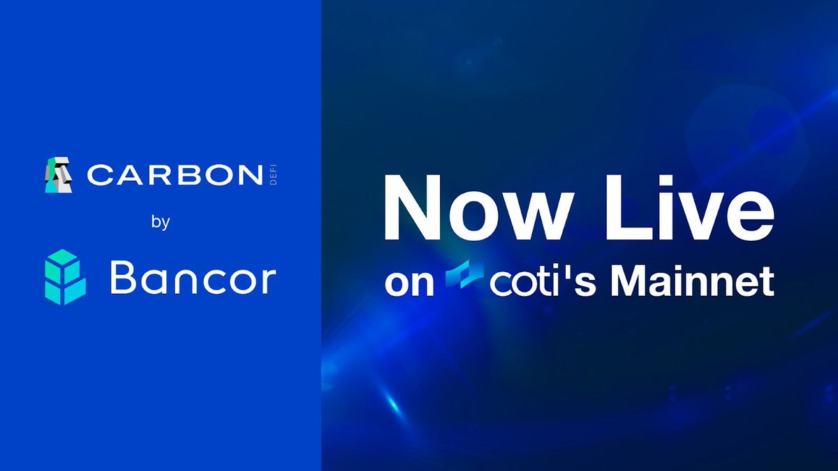 COTInetwork's tweet photo. We're thrilled to formally announce that @CarbonDeFixyz by @Bancor is LIVE on COTI's Mainnet🎉
Carbon DeFi marks the start of a new era of confidential DeFi offering flexible strategies, powerful automation, and built-in privacy, all on the COTI network!
🔗https://t.co/FtA3H1IUaB https://t.co/XCocFCwTY4