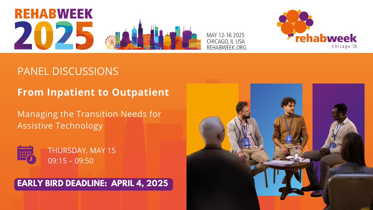 RehabWeek (@rehabweekorg) on Twitter photo Join us for an insightful panel discussion:
🗣 "From Inpatient to Outpatient – Managing the Transition Needs for Assistive Technology"
📅 May 15 | ⏰ 09:15 – 09:50
đź”— bit.ly/4iVeIVk
<a href="/ICORR_2025/">ICORR 2025</a> <a href="/IFESS_org/">Int’l Functional Electrical Stimulation Society</a> <a href="/ISVRSociety/">ISVRSociety</a> <a href="/ACRMtweets/">ACRM</a> <a href="/MiNT_hobbs/">The MiNT Academy: Masterclass in Neurotechnology</a> <a href="/RESNAorg/">RESNA</a> Join us for an insightful panel discussion:
🗣 "From Inpatient to Outpatient – Managing the Transition Needs for Assistive Technology"
📅 May 15 | ⏰ 09:15 – 09:50
đź”— bit.ly/4iVeIVk
<a href="/ICORR_2025/">ICORR 2025</a> <a href="/IFESS_org/">Int’l Functional Electrical Stimulation Society</a> <a href="/ISVRSociety/">ISVRSociety</a> <a href="/ACRMtweets/">ACRM</a> <a href="/MiNT_hobbs/">The MiNT Academy: Masterclass in Neurotechnology</a> <a href="/RESNAorg/">RESNA</a>