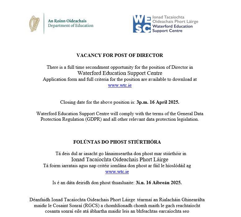 ESCI (@escitweets) on Twitter photo There is a full time secondment opportunity for the position of Director in Waterford Education Support Centre Application form and full criteria for the position are available to download at wtc.ie/wtc-news-2.htm…
<a href="/CentreTeachers/">Waterford Education Support Centre</a> There is a full time secondment opportunity for the position of Director in Waterford Education Support Centre Application form and full criteria for the position are available to download at wtc.ie/wtc-news-2.htm…
<a href="/CentreTeachers/">Waterford Education Support Centre</a>
