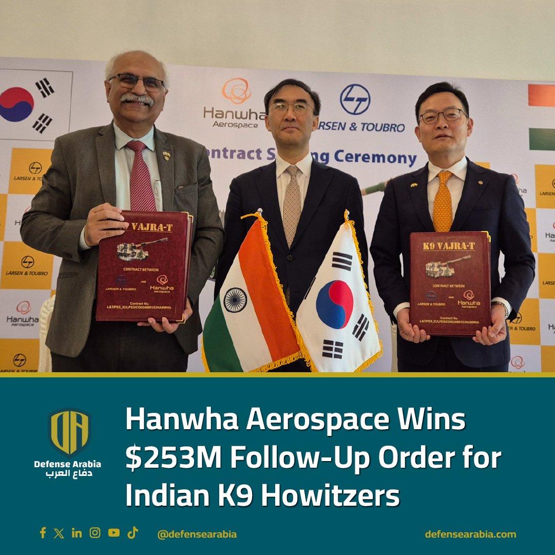 defensearabia's tweet image. Hanwha Aerospace Wins $253M Follow-Up Order for Indian K9 Howitzers
#K9Vajra #IndianArmy #DefenseDeal #IndiaKorea #HanwhaAerospace 

Hanwha Aerospace &amp;amp; L&amp;amp;T ink $253M deal for 100 more K9 Vajra-T howitzer components for Indian Army! 
Follows successful initial order, boosting