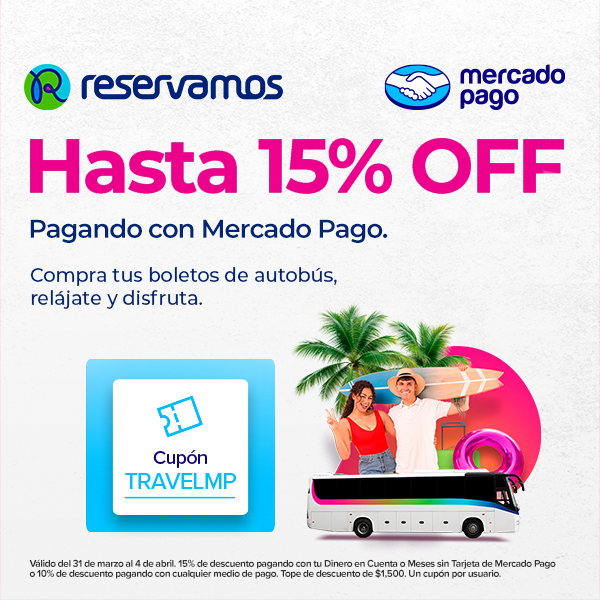 ¡Atención, viajeros! Del 31 de marzo al 4 de abril, obtén hasta 15% de descuento en la compra de tus boletos de autobús al pagar con Mercado Pago.
Cupón: TRAVELMP
¡No dejes pasar esta oportunidad!
Compra ahora en reservamos.mx