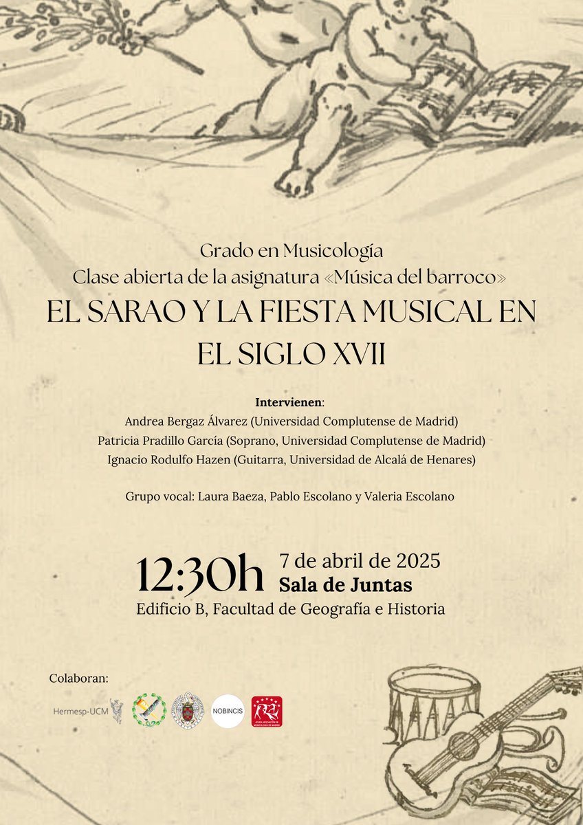 José María Domínguez (@arcontefrisseo) on Twitter photo El lunes a las 12.30 os invitamos a una clase abierta de la asignatura «Música del barroco» en la que contaremos con <a href="/andreabrgz/">Andrea Bergaz Álvarez</a> <a href="/gilmorepatri/">Patricia Pradillo 🎼✨</a> y <a href="/abenrodulfo/">Ignacio Rodulfo Hazen</a> para iniciarnos en los bailes cantados del XVII. Actividad en colaboración con <a href="/jamcmadrid/">JAM Madrid</a> <a href="/NobincisUCM/">NOBINCIS</a> y <a href="/UCM_dhmyc/">Dpto. Hª Moderna e Hª Contemporánea (UCM)</a> El lunes a las 12.30 os invitamos a una clase abierta de la asignatura «Música del barroco» en la que contaremos con <a href="/andreabrgz/">Andrea Bergaz Álvarez</a> <a href="/gilmorepatri/">Patricia Pradillo 🎼✨</a> y <a href="/abenrodulfo/">Ignacio Rodulfo Hazen</a> para iniciarnos en los bailes cantados del XVII. Actividad en colaboración con <a href="/jamcmadrid/">JAM Madrid</a> <a href="/NobincisUCM/">NOBINCIS</a> y <a href="/UCM_dhmyc/">Dpto. Hª Moderna e Hª Contemporánea (UCM)</a>