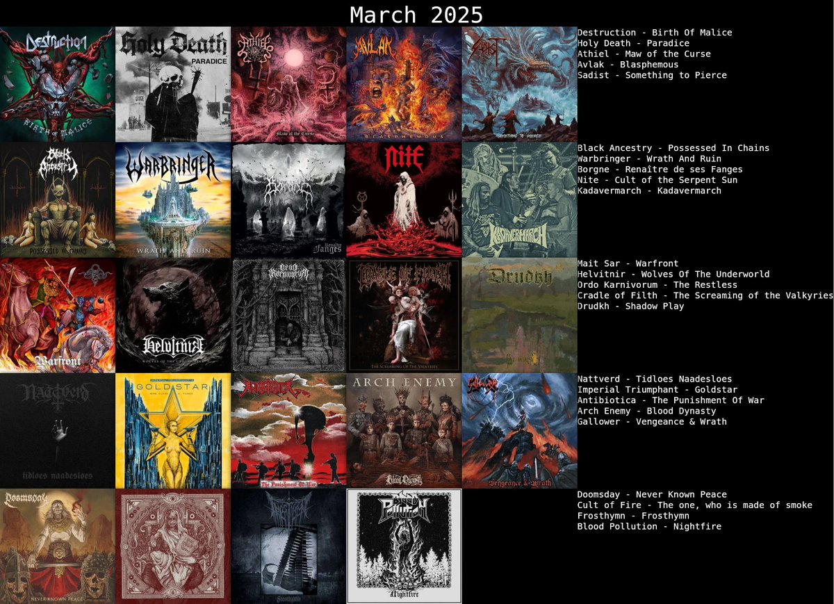 #March2025 <a href="/destruction/">DESTRUCTION</a> <a href="/HolyDeathDoom/">Holy Death</a> <a href="/warbringerband/">Warbringer</a> <a href="/nitemetal/">NITE</a> <a href="/helvitnir/">Helvitnir</a> <a href="/CradleofFilth/">Cradle of Filth</a> <a href="/imperialnyc/">Imperial Triumphant</a> <a href="/archenemymetal/">ᴀʀᴄʜ ᴇɴᴇᴍʏ</a> <a href="/doomsdayca/">DOOMSDAY</a>