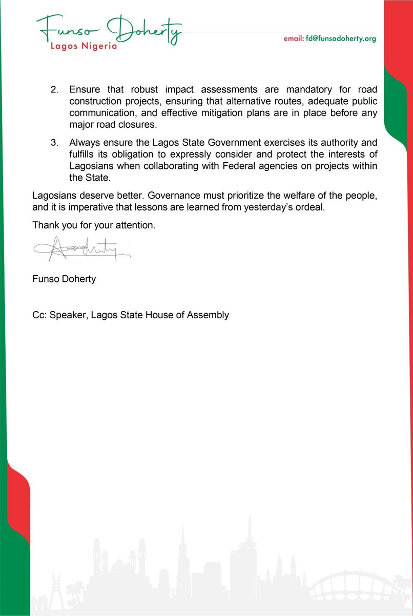 funsodoherty (@funsodoherty) on Twitter photo I wrote to the Governor on the severe hardship endured by many Lagosians in yesterday’s traffic nightmare due to the road closure. Lagosians deserve better. I wrote to the Governor on the severe hardship endured by many Lagosians in yesterday’s traffic nightmare due to the road closure. Lagosians deserve better.