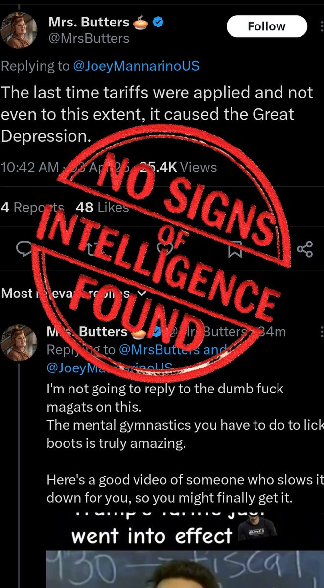 nosignsof's tweet image. Makes claim that tariffs caused The Great Depression. Goes on to post an explanation video from Ferris Bueller's Day Off, which demonstrates tariffs were not the cause. Analysis: No Signs of intelligence found.