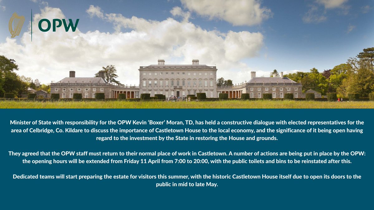 Heritage Ireland (@heritageireopw) on Twitter photo Update & clarification on the reopening of Castletown House and Parklands.
#CastleTownHouse #Celbridge #OPW <a href="/kevinboxermoran/">Kevin 'Boxer' Moran</a> <a href="/castletownOPW/">Castletown House</a> <a href="/kfmradio/">Kfm Radio</a> <a href="/KildareNow/">Kildare Now</a> <a href="/leinsleadernews/">Leinster Leader / Kildare Live</a> Update & clarification on the reopening of Castletown House and Parklands.
#CastleTownHouse #Celbridge #OPW <a href="/kevinboxermoran/">Kevin 'Boxer' Moran</a> <a href="/castletownOPW/">Castletown House</a> <a href="/kfmradio/">Kfm Radio</a> <a href="/KildareNow/">Kildare Now</a> <a href="/leinsleadernews/">Leinster Leader / Kildare Live</a>