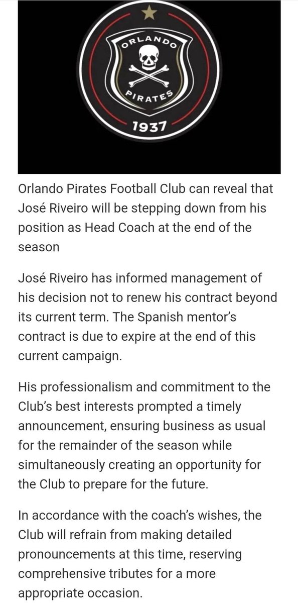 Jose Riveiro to leave Orlando Pirates at the end of the season.
