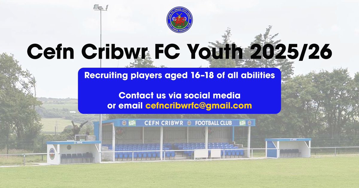 📢 RECRUITING NOW : Ages 16–18

We’re excited to announce our ambition to bring men’s youth team football to Cefn Cribwr and the Jewson Stadium!

Get in touch via the contact details below or via DM on our socials for more info! 💙

#Riders