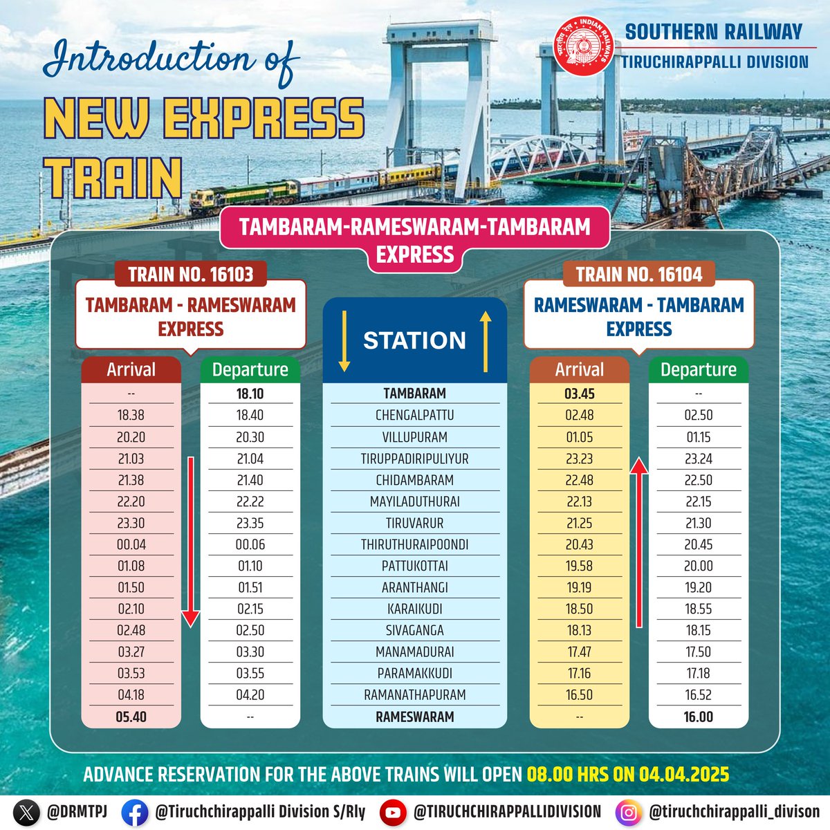 A new express train between #Tambaram &amp; #Rameswaram is ready to enhance connectivity and convenience!

Advance reservations open at 08:00 hrs on 04.04.2025.

Get ready for your journey!