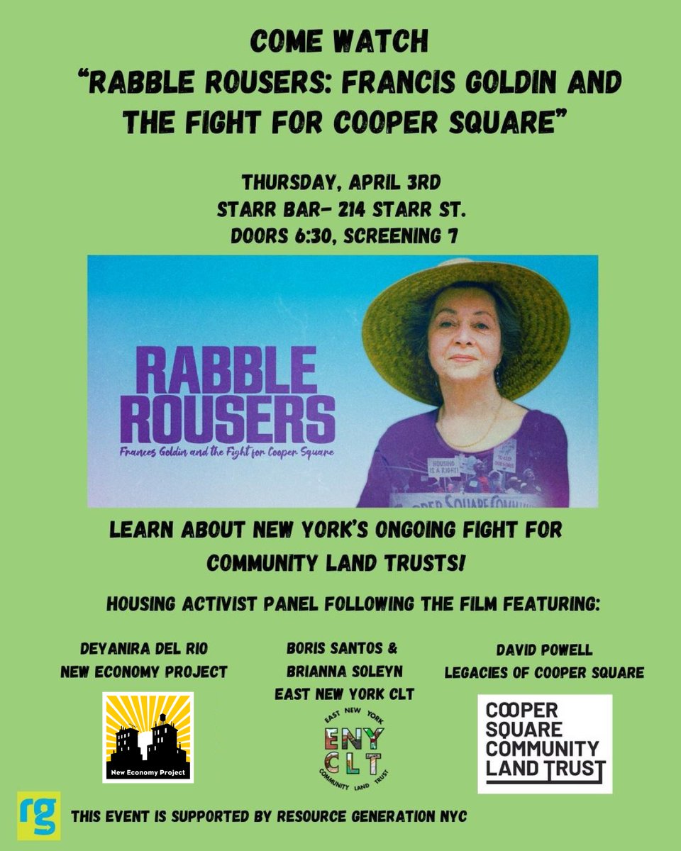 New Economy Project (@neweconomynyc) on Twitter photo 📣Tonight!📣
Join us for a screening of Rabble Rousers: Francis Goldin and the Fight for Cooper Square, followed by a discussion with our co-director Deyanira Del Rio, <a href="/EastNewYorkCLT/">East New York CLT</a>, and <a href="/CooperSqCLT/">Cooper Square Community Land Trust</a> on NYC's surging #CommunityLandTrust movement. 📣Tonight!📣
Join us for a screening of Rabble Rousers: Francis Goldin and the Fight for Cooper Square, followed by a discussion with our co-director Deyanira Del Rio, <a href="/EastNewYorkCLT/">East New York CLT</a>, and <a href="/CooperSqCLT/">Cooper Square Community Land Trust</a> on NYC's surging #CommunityLandTrust movement.
