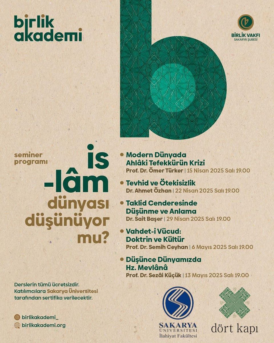 sau_if's tweet photo. Fakültemizin öğrenci topluluklarından Dört Kapı'nın UNİDES projesi kapsamında düzenlediği İslam Düşüncesi seminer programı ektedir. https://t.co/GXTJTWD3YO