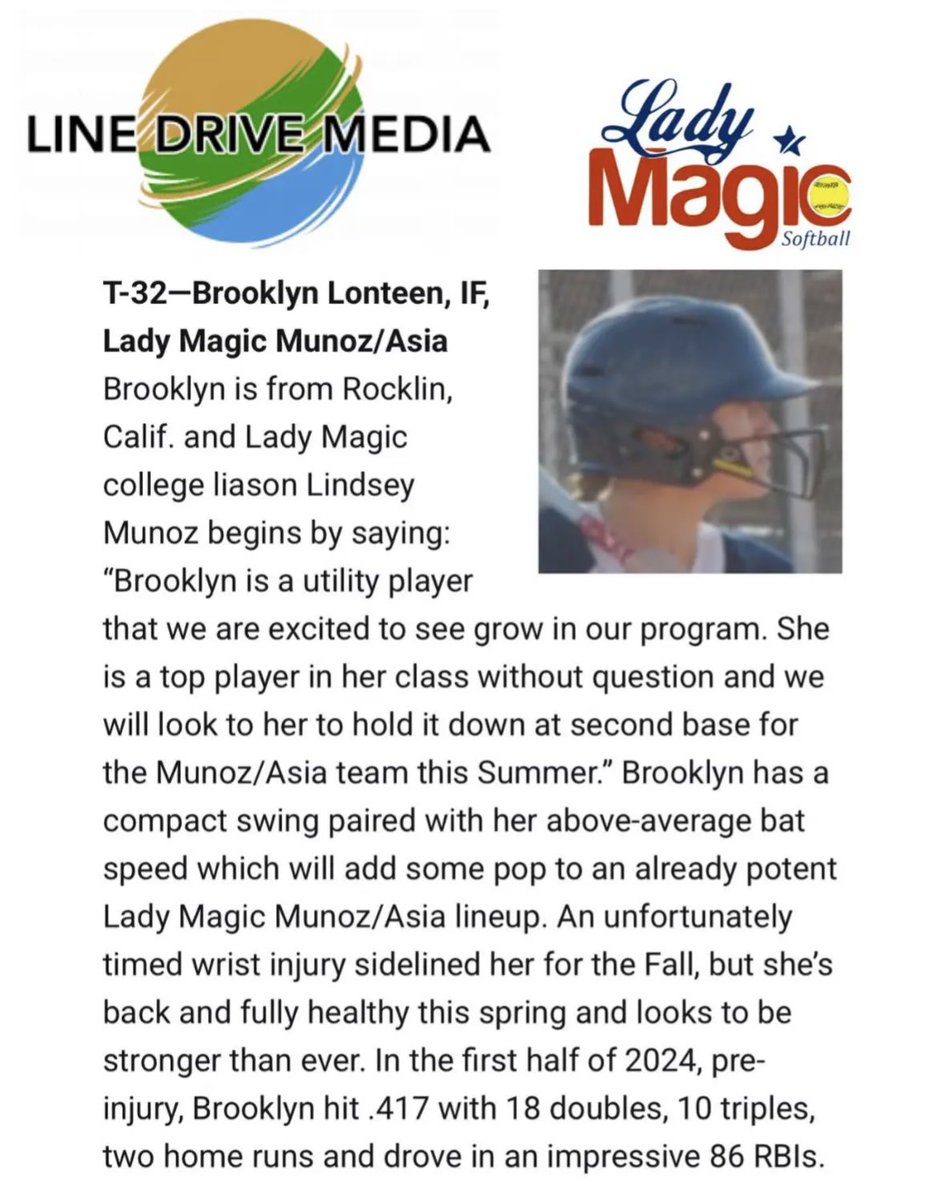 Brooklyn Lonteen 2029 (@blonteen2029) on Twitter photo Thank you <a href="/LineDsoftball/">Line Drive Media</a> for ranking me #32 in the Hot 100 for class of 2029!! Honored to be part of this list! Thank you Lady Magic org🥎🥎✨✨#gomagic <a href="/LegacyLegendsS1/">Legacy & Legends Softball</a> <a href="/planetfastpitch/">Planet Fastpitch</a> <a href="/IHartFastpitch/">I❤️Fastpitch</a> <a href="/ondecksoftball/">OnDeck Softball 🥎</a> <a href="/WCPSacramento/">West Coast Preps Sacramento</a> <a href="/SBRRetweets/">Softball Recruiting Reposts</a> <a href="/FactsFastpitch/">Softball Showcase</a> <a href="/ExtraInningSB/">EXTRA INNING SOFTBALL</a> Thank you <a href="/LineDsoftball/">Line Drive Media</a> for ranking me #32 in the Hot 100 for class of 2029!! Honored to be part of this list! Thank you Lady Magic org🥎🥎✨✨#gomagic <a href="/LegacyLegendsS1/">Legacy & Legends Softball</a> <a href="/planetfastpitch/">Planet Fastpitch</a> <a href="/IHartFastpitch/">I❤️Fastpitch</a> <a href="/ondecksoftball/">OnDeck Softball 🥎</a> <a href="/WCPSacramento/">West Coast Preps Sacramento</a> <a href="/SBRRetweets/">Softball Recruiting Reposts</a> <a href="/FactsFastpitch/">Softball Showcase</a> <a href="/ExtraInningSB/">EXTRA INNING SOFTBALL</a>